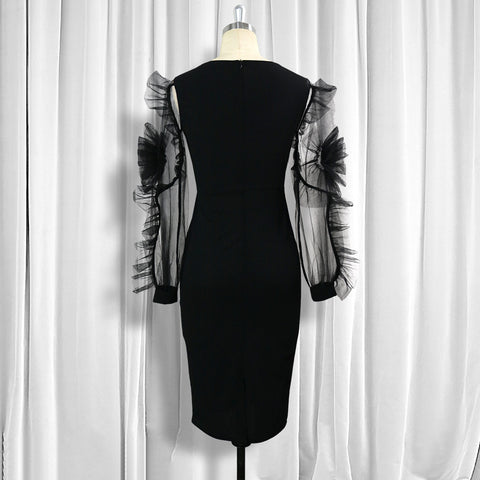 Mesh Flower Long Sleeve Slim Wrapped Pencil Skirt