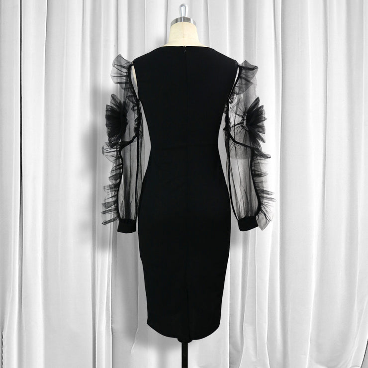 Mesh Flower Long Sleeve Slim Wrapped Pencil Skirt