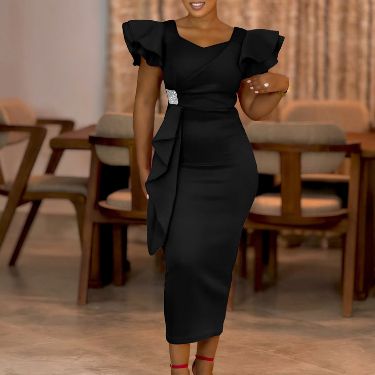Fashionable Elegant Ruffled Solid Color Sheath
