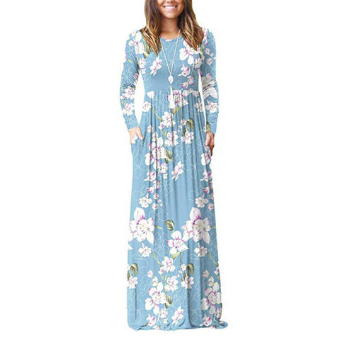 Pocket Dress Round Neck Waist Long Skirt