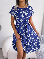 Spring And Summer Leisure Leaves Short Sleeve Pleated Dress
