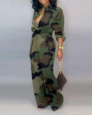 Pocket wide leg pants camouflage jumpsuit