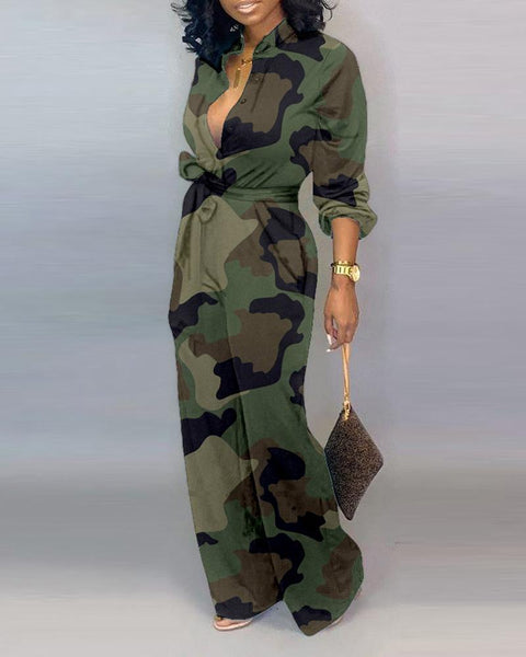 Pocket wide leg pants camouflage jumpsuit