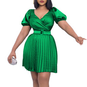 Summer V-neck Cinched Pleated European And American Style Dress