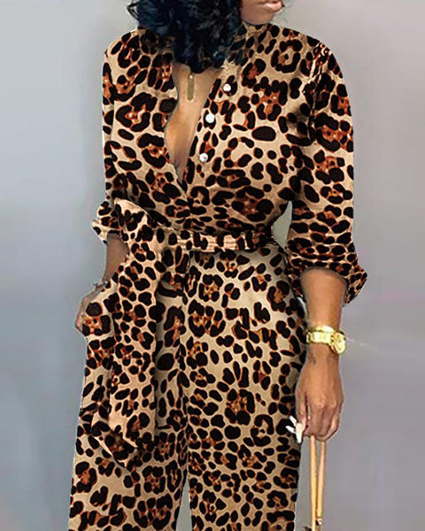 Pocket wide leg pants camouflage jumpsuit