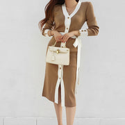 Women's knitting color matching slim lace up dress