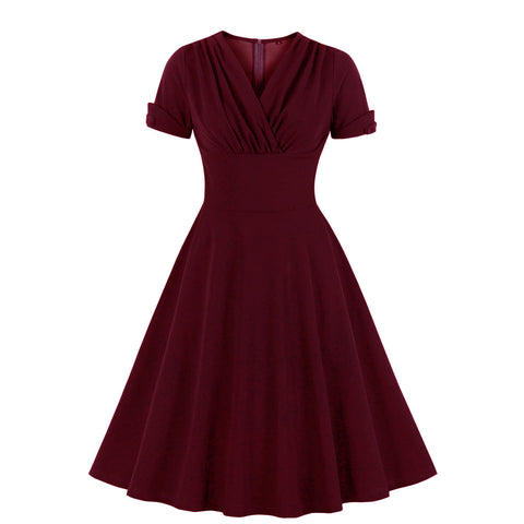 Retro temperament pleated waist big swing dress
