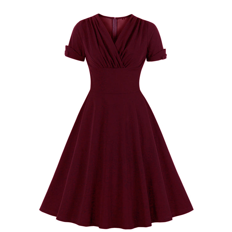 Retro temperament pleated waist big swing dress