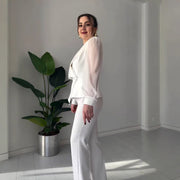 V-neck Stylish Temperament Long Sleeves Solid Color Suit Two-piece Set