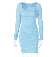 Pure color basic slim slimming pleated hip dress