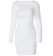Pure color basic slim slimming pleated hip dress