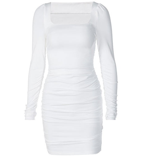 Pure color basic slim slimming pleated hip dress