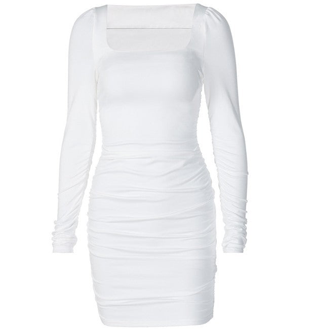 Pure color basic slim slimming pleated hip dress