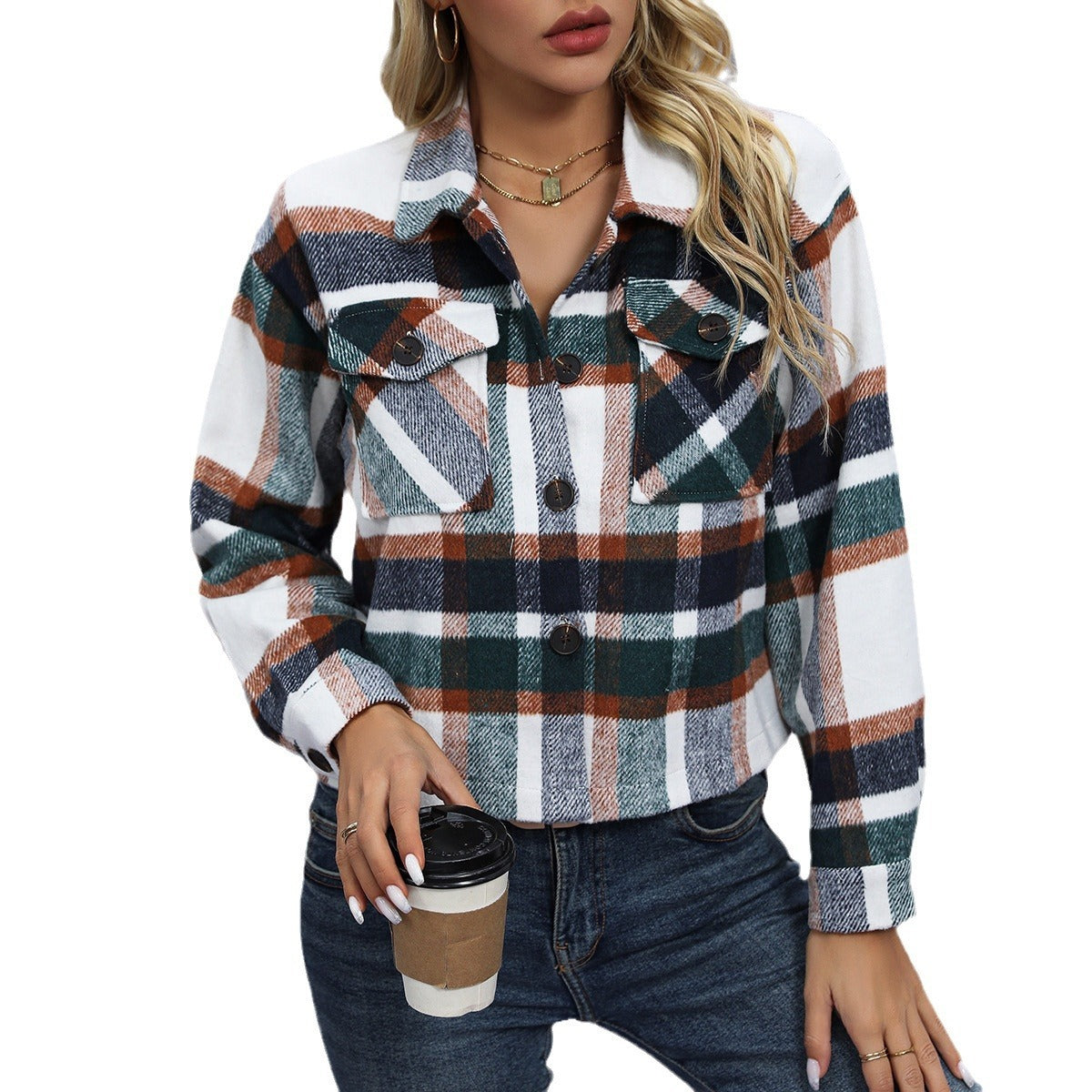 Autumn And Winter New Fashion Casual Pocket Plaid Women's Woolen Short Coat