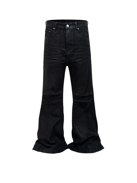 Vinyl Coated Wide Leg Trousers Crease Texture Jeans