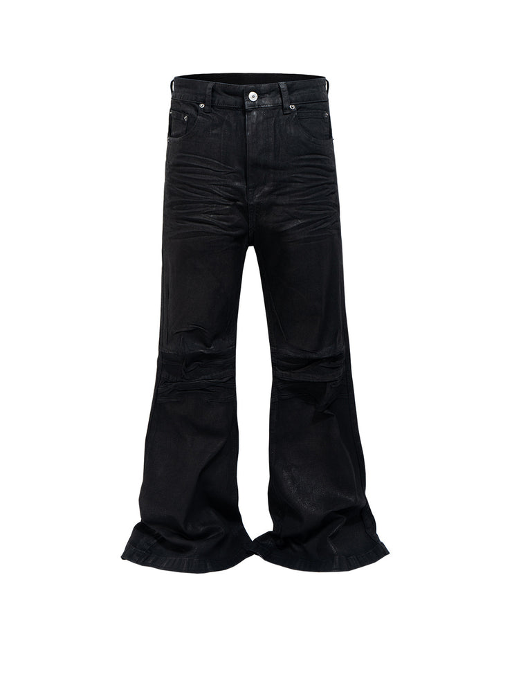 Vinyl Coated Wide Leg Trousers Crease Texture Jeans