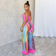 Summer New Sexy Tight Backless Contrast Color Low-cut Sling High Waist Jumpsuit