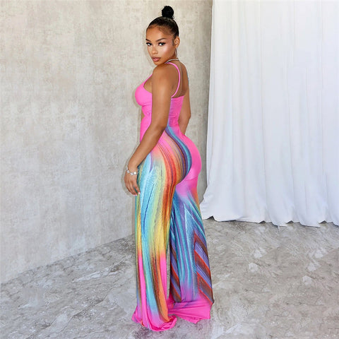 Summer New Sexy Tight Backless Contrast Color Low-cut Sling High Waist Jumpsuit