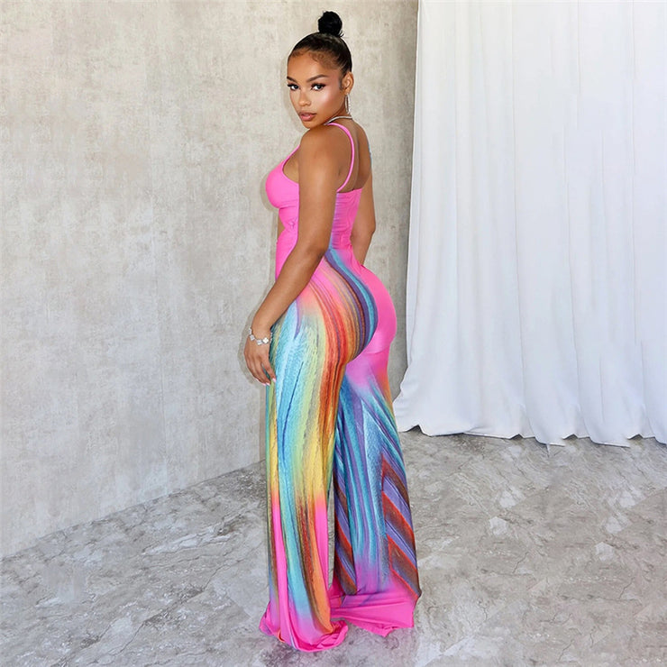 Summer New Sexy Tight Backless Contrast Color Low-cut Sling High Waist Jumpsuit