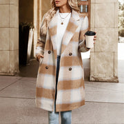 Mid-length Double-breasted Suit Collar Plaid Coat
