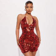 Elegant Slim-fit Sequined Sleeveless Strap Halter Short Dress