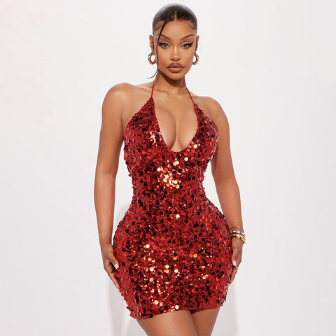 Elegant Slim-fit Sequined Sleeveless Strap Halter Short Dress