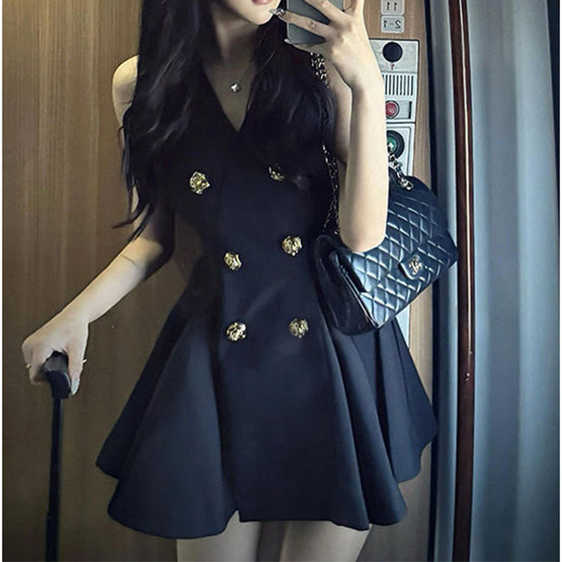 Women's V-neck Tight Waist A- Line Pleated Short Skirt