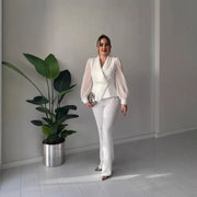 V-neck Stylish Temperament Long Sleeves Solid Color Suit Two-piece Set