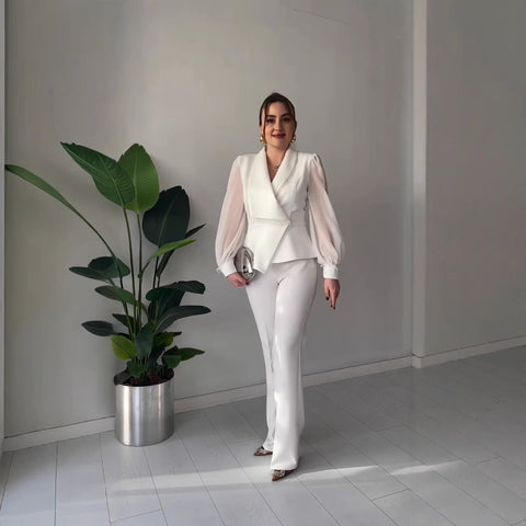 V-neck Stylish Temperament Long Sleeves Solid Color Suit Two-piece Set
