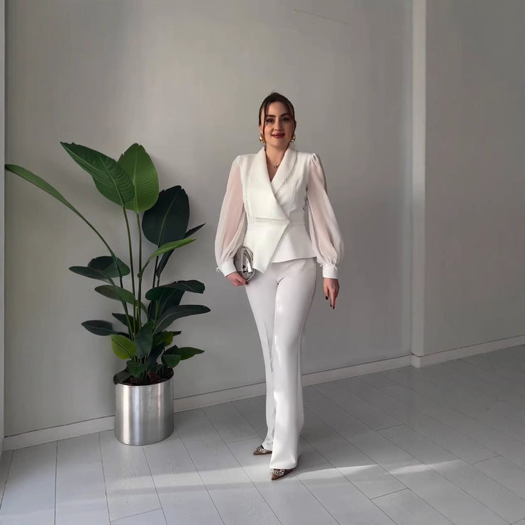 V-neck Stylish Temperament Long Sleeves Solid Color Suit Two-piece Set
