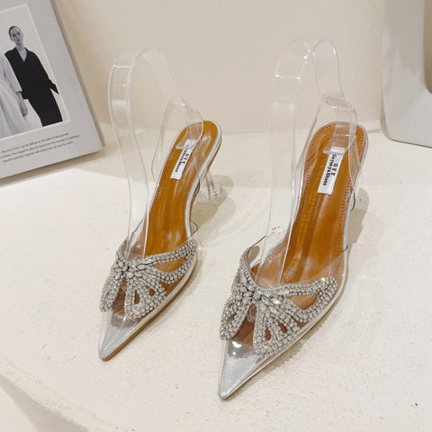 Pointed Toe Toe Cap Transparent Rhinestone Bow Crystal Women&