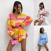Printed V-neck Long Sleeve Jumpsuit