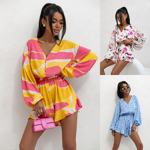 Printed V-neck Long Sleeve Jumpsuit