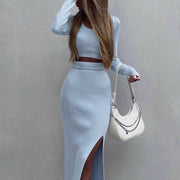 Solid Color Knitted Long-sleeve Suit Half-length Slit Sheath Skirt Two Pieces
