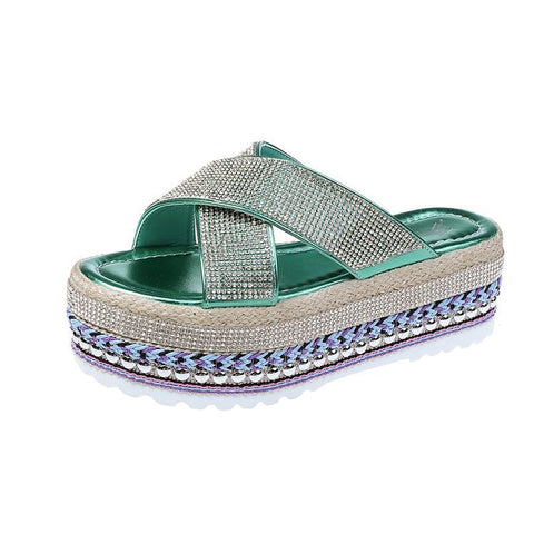 Cross Rhinestone Woven Waterproof Platform Toe Women&