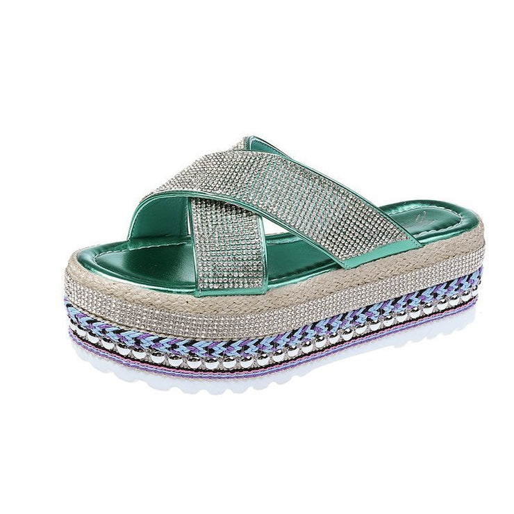 Cross Rhinestone Woven Waterproof Platform Toe Women&