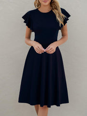 Short Sleeve Round Neck Elegant Ruffle Sleeve Solid Color Casual Mid-length Dress