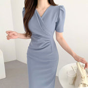 Korean Chic Summer French Style Temperament V-neck Irregular Dress