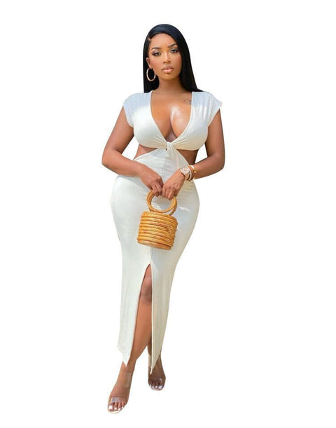 Solid Color Fashion Package Hip V Neck Dress