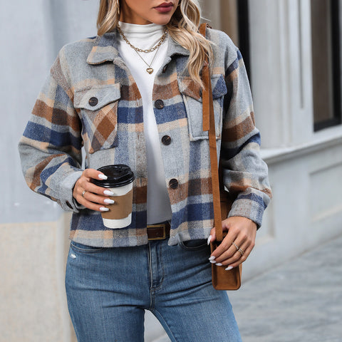 Autumn And Winter New Fashion Casual Pocket Plaid Women&