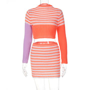 Polyester Women's Long Sleeve Striped Sweater Short Skirt Two Piece Fashion Casual Suit
