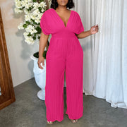 Women's V-neck Solid Color Pleated Jumpsuit