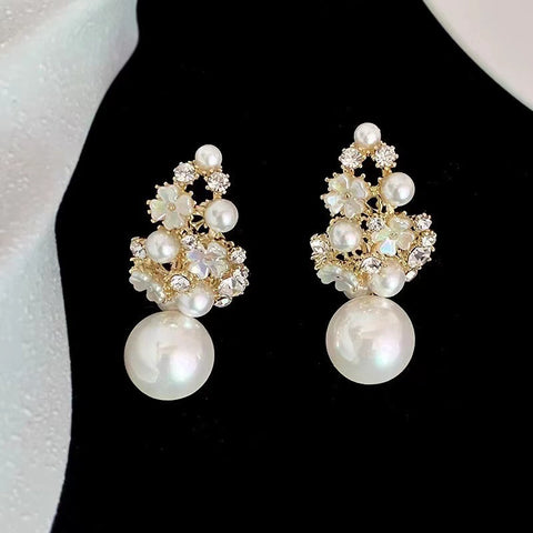 Rhinestones Flowers Pearls Earrings Fashion Elegant French-style Stud Earring For Women