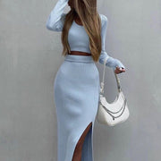 Solid Color Knitted Long-sleeve Suit Half-length Slit Sheath Skirt Two Pieces