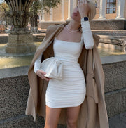 Pure color basic slim slimming pleated hip dress