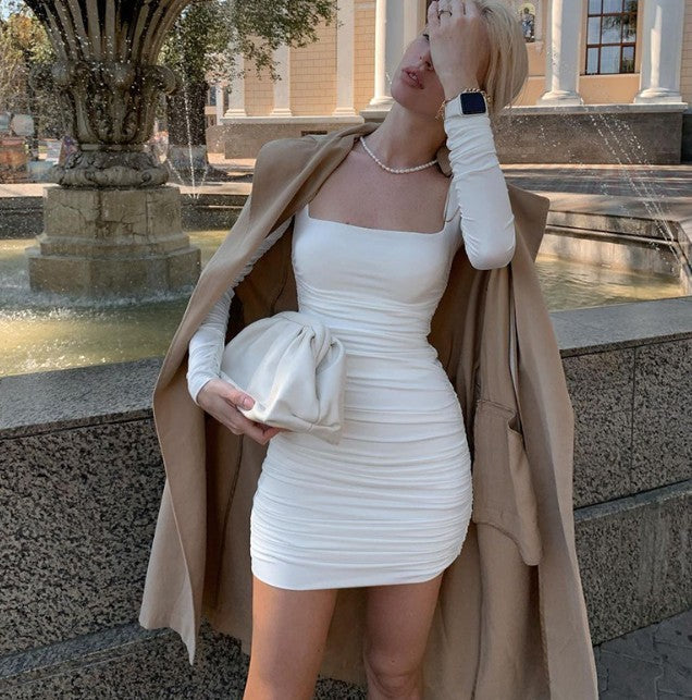 Pure color basic slim slimming pleated hip dress
