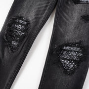 New High Street Washed Broken Cashew Flower Slim Casual Men's Jeans