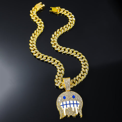 Ice Face Pendant Cuban Link Chain Full Diamond Hip Hop Ear Accessories Hipster