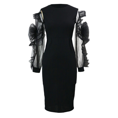 Mesh Flower Long Sleeve Slim Wrapped Pencil Skirt