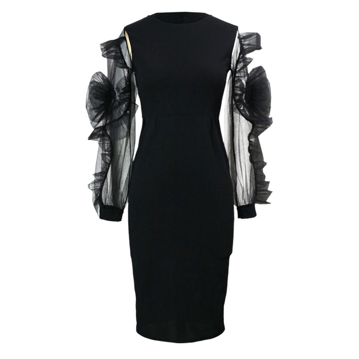 Mesh Flower Long Sleeve Slim Wrapped Pencil Skirt